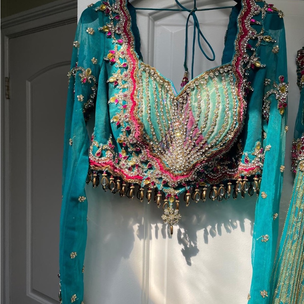 Embellished Teal and Pink Top Lengha - Picture 4 of 13